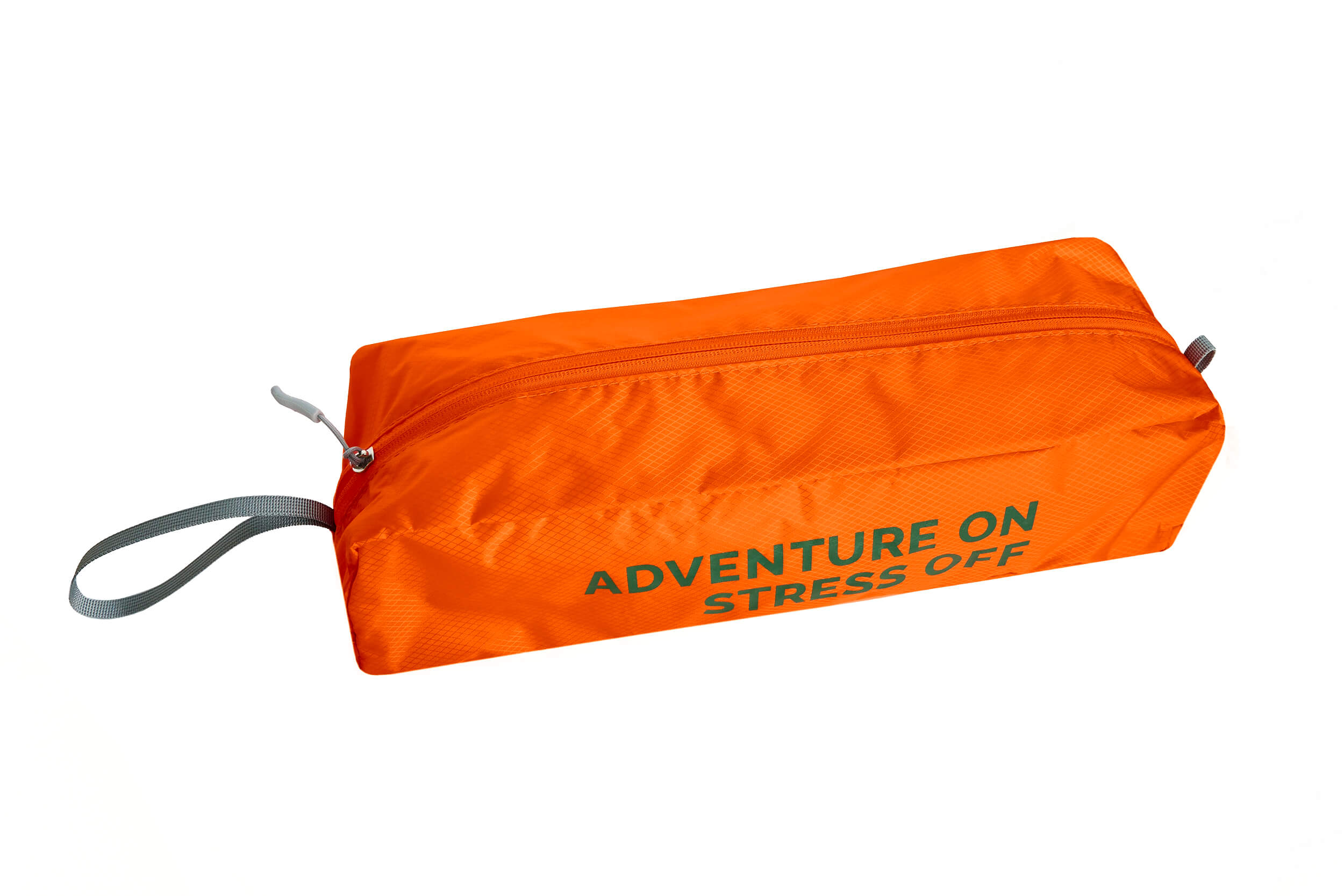 Water-resistant orange storage bag with slogan Adventure On Stress Off